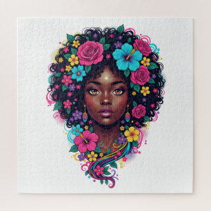 Tiefschwarze Frau mit leuchtender Blumen-Afro-Fris Puzzle