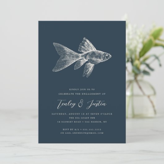 Tiefsee | Elegante Coastal Beach Engagement Party Einladung (Stehend Vorderseite)