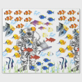 Tiefsee-Taucher und tropische Fische auf dem Geschenkpapier (Flach)