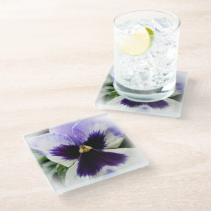 Tiefviolett auf weißem Stiefmütterchen Glasuntersetzer
