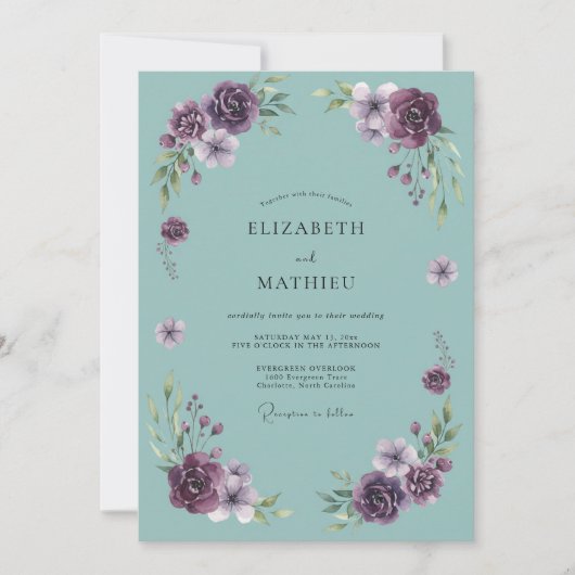 Tiefviolette florale Hochzeitsbogen Einladung (Vorderseite)