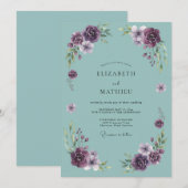 Tiefviolette florale Hochzeitsbogen Einladung (Vorne/Hinten)