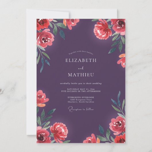 Tiefviolette Mohn-Hochzeit Einladung (Vorderseite)