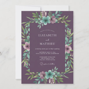Tiefviolette Teal Blumenhochzeit Einladung