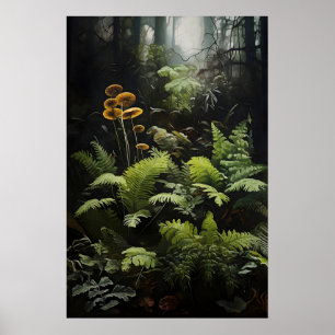 Tiefwaldfarn und Pilze, waldmoodig Poster