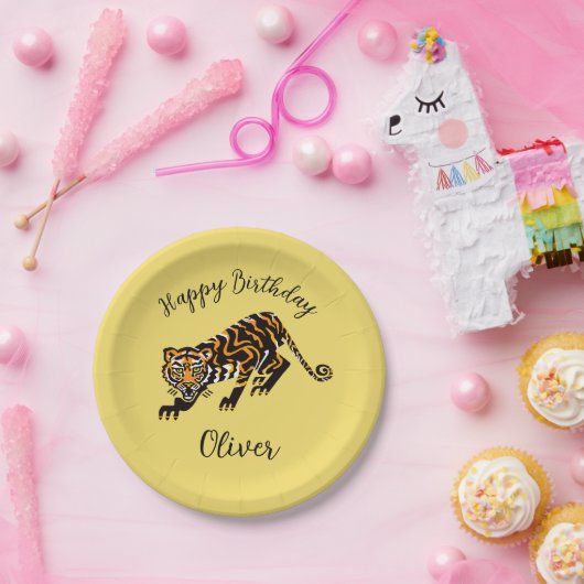 Tier - TIGER - Happy Birthday - Gelbe Papierplatte Pappteller (Party)