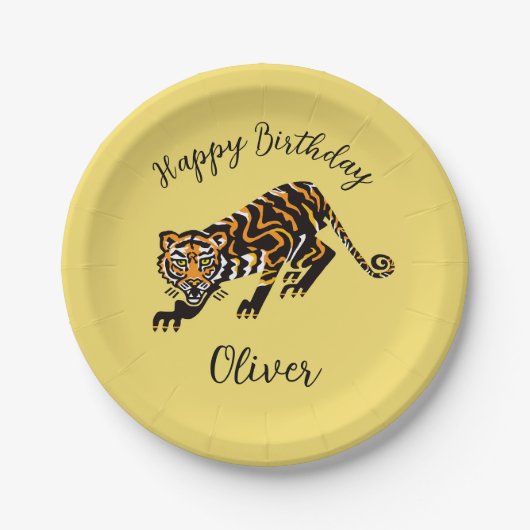 Tier - TIGER - Happy Birthday - Gelbe Papierplatte Pappteller (Vorderseite)