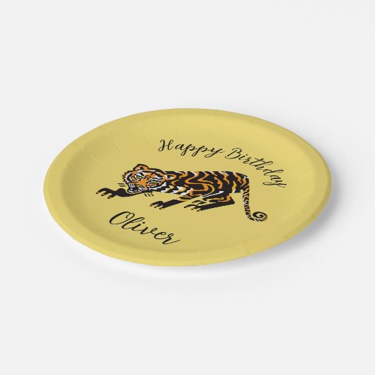 Tier - TIGER - Happy Birthday - Gelbe Papierplatte Pappteller (Schrägansicht)