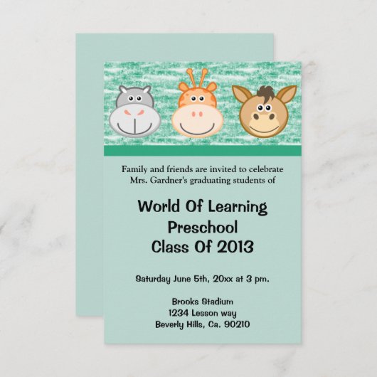 Tier-Vorschule oder Kindergarten-Abschluss Einladung (Vorne/Hinten)