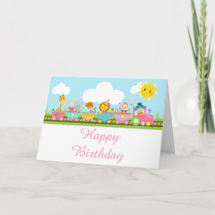 Tier-Zirkus-Zug-Kinder-Geburtstag-Rosa Karte