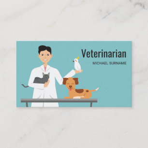 Tierarzt-Mann auf Blau mit Tieren Illustration Visitenkarte