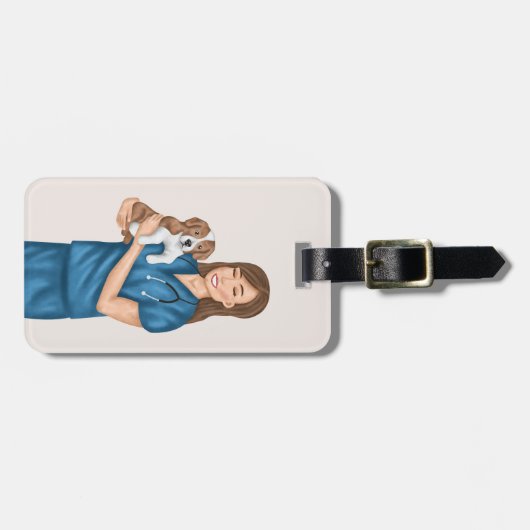 Tierarzt Tierarzt Tierärztin Tierärztin mit Welpe Gepäckanhänger (Vorderseite horizontal)