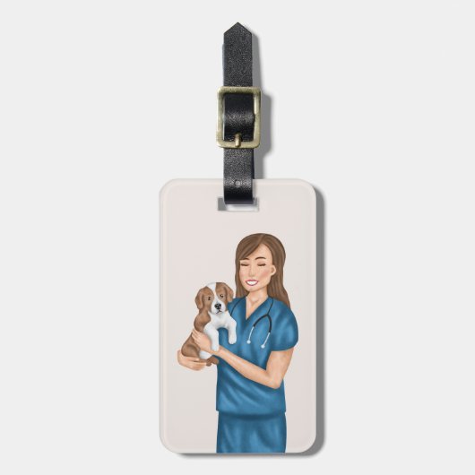 Tierarzt Tierarzt Tierärztin Tierärztin mit Welpe Gepäckanhänger (Vorderseite vertikal)