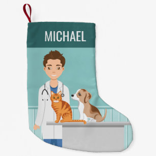 Tierarzt Vet Tiermedizinischer Arzt mit Katze und Kleiner Weihnachtsstrumpf