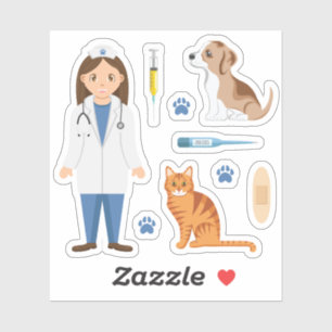 Tierärztin mit Welpe Katze und veterinärmedizinisc Aufkleber