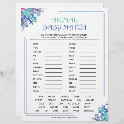 Tierbabymatte [Thema Blauer Flora] Briefbogen (Vorne/Hinten)