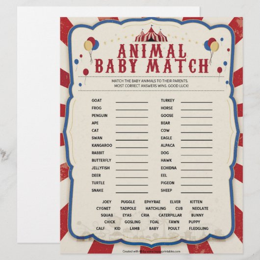 Tierbabys [Thema Zirkus] Briefbogen (Vorne/Hinten)