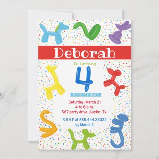 Tierballons 4. Geburtstagseinladung Einladung (Vorderseite)