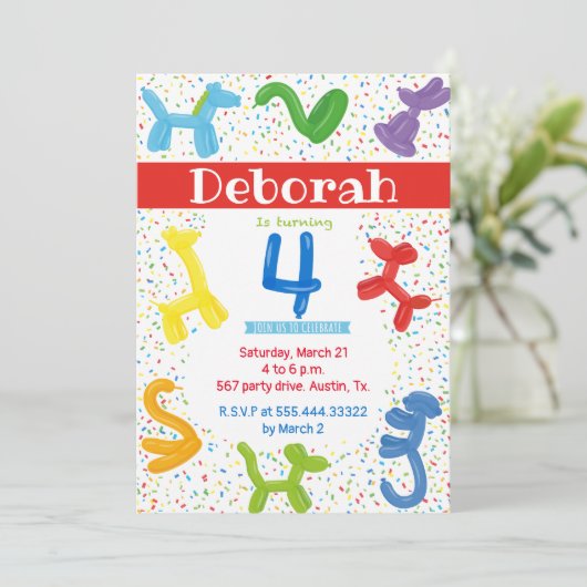 Tierballons 4. Geburtstagseinladung Einladung (Stehend Vorderseite)