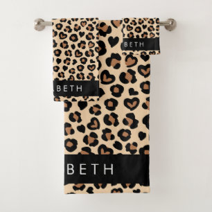 Tierdruck, Braunleopard, Herz, Ihr Name Badhandtuch Set