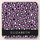 Tierdruck, Lila Leopard, Herz, Ihr Name Getränkeuntersetzer (Vorderseite)