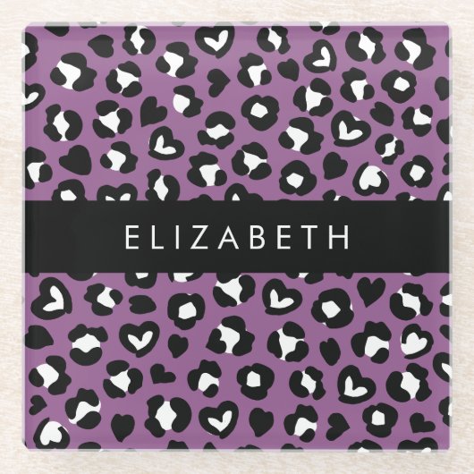 Tierdruck, Lila Leopard, Herz, Ihr Name Glasuntersetzer (Vorderseite)