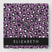 Tierdruck, Lila Leopard, Herz, Ihr Name Quadratische Wanduhr (Vorderseite)
