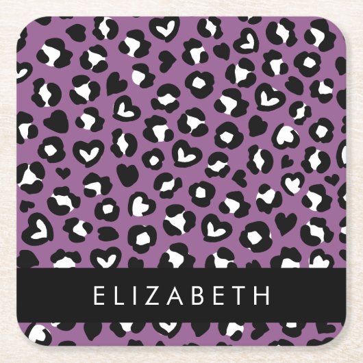 Tierdruck, Lila Leopard, Herz, Ihr Name Rechteckiger Pappuntersetzer (Vorderseite)
