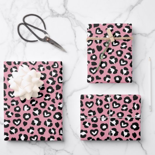 Tierdruck, rosa Leopard, Geparden, Herz Geschenkpapier Set (Vorderseite)