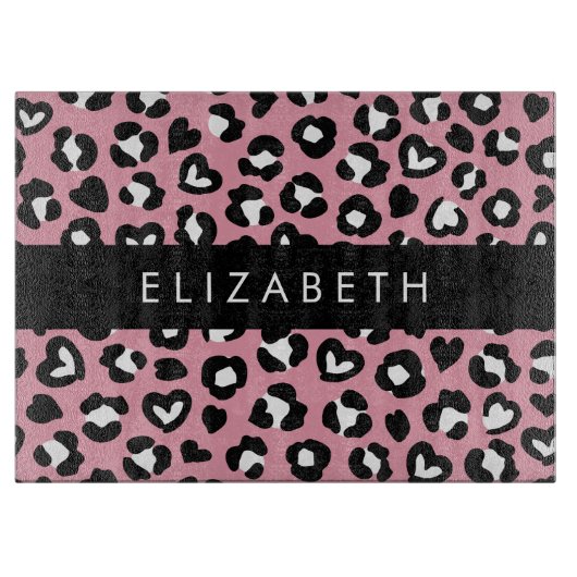Tierdruck, rosa Leopard, Herz, Ihr Name Schneidebrett (Vorderseite)