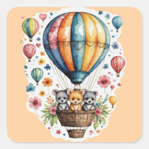 Tiere auf einem Ballon Quadratischer Aufkleber