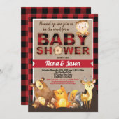 Tiere aus Holz Baby Duschbügel kariert Einladung (Vorne/Hinten)