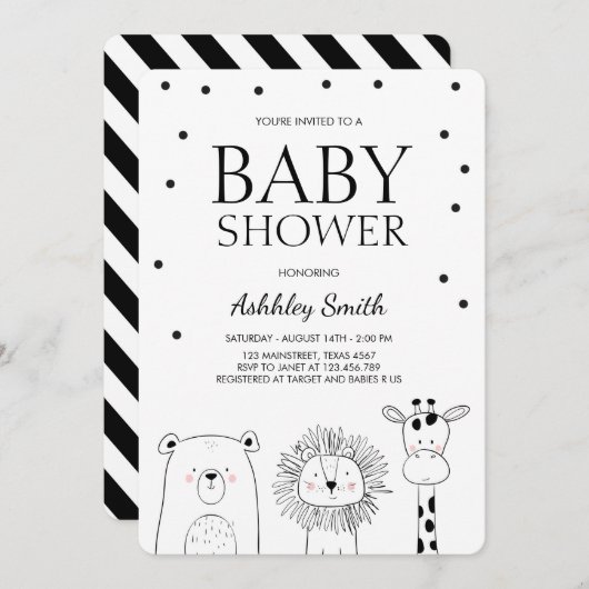 Tiere Baby Dusche laden Zoo Safari Black Modern ei Einladung (Vorne/Hinten)