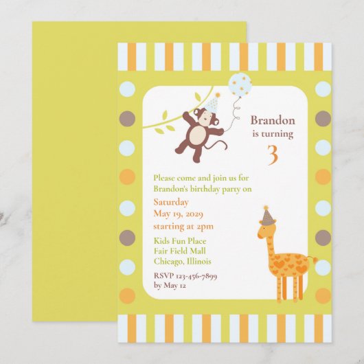 Tiere Einladung zur Geburtstagsparty (Vorne/Hinten)