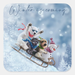 Tiere fahren auf Schlitten den Berg hinunter Quadratischer Aufkleber