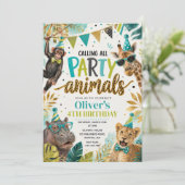Tiere feiern Kindergeburtstag Einladung (Stehend Vorderseite)