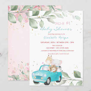 Tiere im Auto Punkte Floral Drive By Baby Shower Einladung