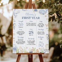 Tiere im blauen Ozean unter dem Meilenstein des Pa Poster