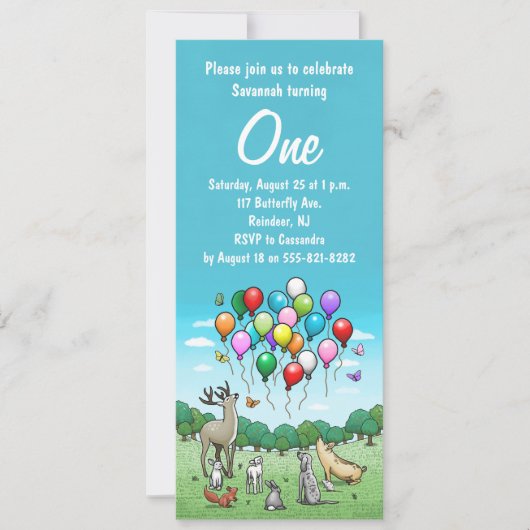 Tiere mit farbenfrohen Ballons Einladung (Vorderseite)