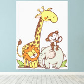 Tiere niedlicher Cartoon - Giraffe, Löwe und Affe Leinwanddruck (Insitu (Holzboden))