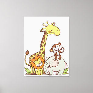 Tiere niedlicher Cartoon - Giraffe, Löwe und Affe Leinwanddruck