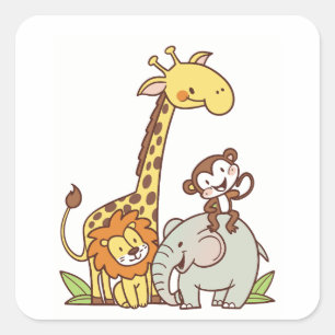 Tiere niedlicher Cartoon - Giraffe, Löwe und Affe Quadratischer Aufkleber