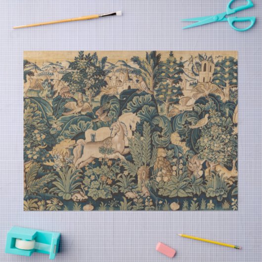 TIERE, PFERDE, HOLZGEBÄUDE, blaugrüne Blüten Seidenpapier (Basteln)