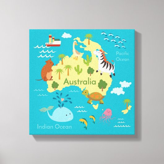 Tiere Weltkarte von Australien für Kinder Leinwanddruck (Vorderseite)