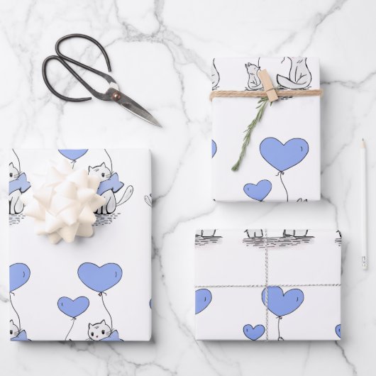 Tierfamilie mit blauem Herzballoon Geschenkpapier Set (Vorderseite)
