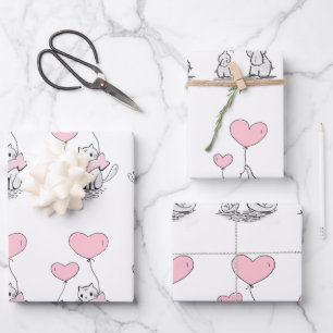 Tierfamilie mit rosa Herzblasen Geschenkpapier Set