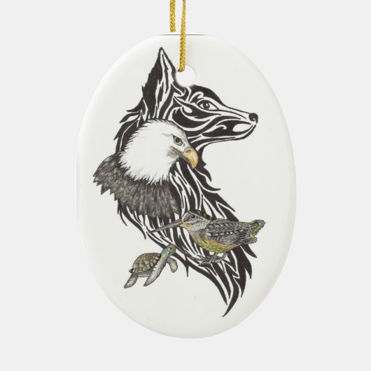 Tierführer Wolf, Adler, Holzschwanz, Schildkröte Keramik Ornament (Hinten)