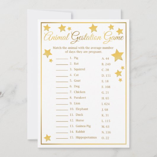 Tiergestation Gold Star Baby Shower Game Einladung (Vorderseite)