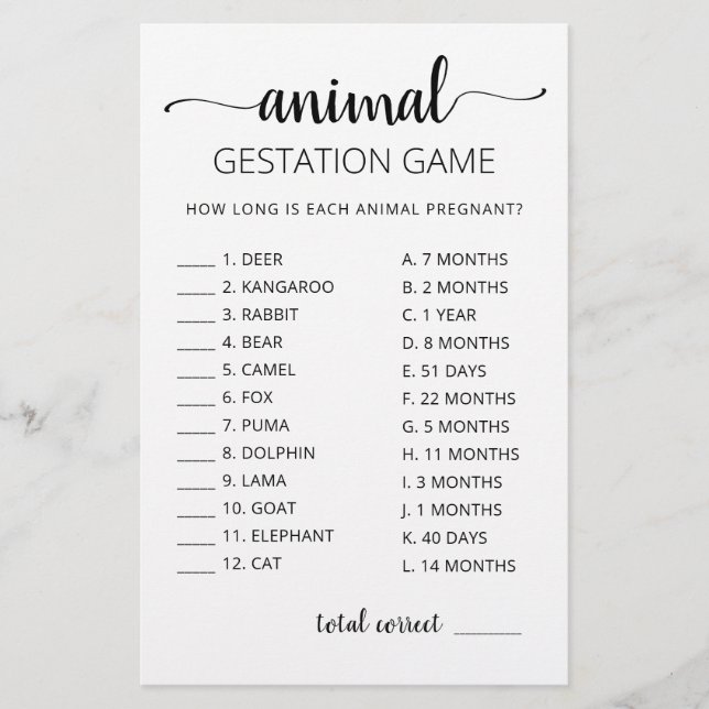 Tiergestation mit Answers Baby Shower Game (Vorderseite)