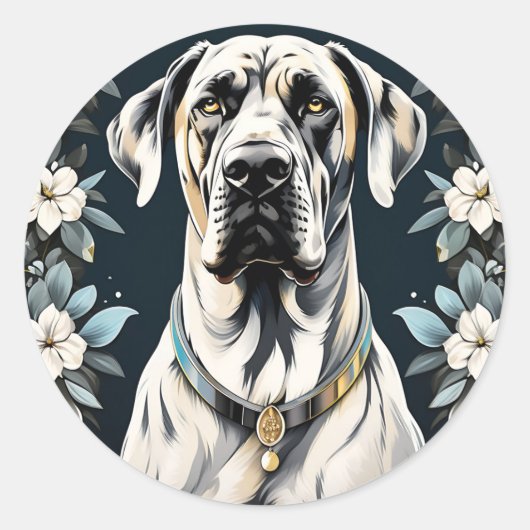 Tierhund Große Dane Floral Runder Aufkleber (Vorderseite)